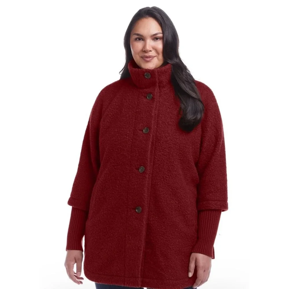 Weatherproof red BUTTON FRONT BOUCLE TOPPER WITH KNIT SLEEVES size Large